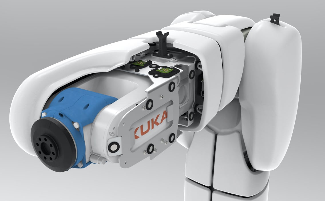 Kuka collaborative robot covered with airskin partly stripped